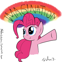 Size: 1000x1000 | Tagged: dead source, safe, artist:nadaazahraa, pinkie pie, earth pony, pony, g4, female, idiot box, imagination, rainbow, solo, spongebob squarepants