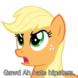 Size: 800x800 | Tagged: safe, edit, applejack, g4, disappointed, female, frown, frustrated, hipster, image macro, meme, solo, text edit