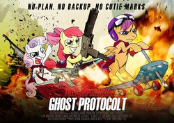Size: 900x636 | Tagged: safe, artist:kapalsky, apple bloom, scootaloo, sweetie belle, g4, cutie mark crusaders, explosion, gun, mac-10, magic, meme, mission impossible, mission: impossible – ghost protocol, movie poster, parody