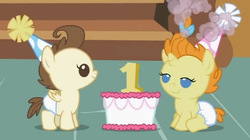 Size: 512x286 | Tagged: safe, screencap, pound cake, pumpkin cake, baby cakes, g4, baby, baby pony, bow, cake, cake twins, colt, cute, diaper, diapered, diapered colt, diapered filly, diapered foals, female, filly, hair bow, happy babies, hat, lidded eyes, male, one month old colt, one month old filly, one month old foals, party hats, sitting, smiling, standing, white diapers