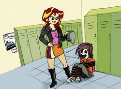 Size: 900x661 | Tagged: safe, artist:normal drawfag, color edit, edit, normal norman, sunset shimmer, equestria girls, g4, background human, bondage, bound, breasts, colored, femdom, gag, malesub, normsun, rope, shipping, submissive, tape gag, tied, tied up, traditional art