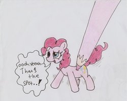 Size: 600x477 | Tagged: safe, artist:datte-before-dawn, pinkie pie, g4, colored pencil drawing, female, fourth wall, scratching, solo, traditional art