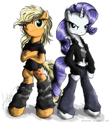 Size: 895x1000 | Tagged: safe, artist:flutterthrash, applejack, rarity, pony, semi-anthro, g4, alternate hairstyle, arm hooves, belly button, bipedal, clothes, duo, exodus (band), heavy metal, jacket, jeans, judas priest, leather jacket, metal, shirt