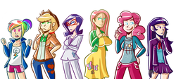 Size: 2238x1000 | Tagged: safe, artist:php52, applejack, fluttershy, pinkie pie, rainbow dash, rarity, twilight sparkle, human, g4, breasts, busty fluttershy, clothes, crossed arms, dress, female, humanized, light skin, mane six, pants, shorts, simple background, skirt, white background