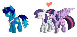 Size: 1800x869 | Tagged: safe, artist:nolycs, rarity, twilight sparkle, oc, oc:light shine, alicorn, pony, unicorn, g4, bedroom eyes, blushing, canon x oc, clothes, commission, female, floppy ears, frown, heart, hoodie, looking back, male, mare, raised hoof, raised leg, simple background, smiling, spread wings, straight, transparent background, twilight sparkle (alicorn), wingboner