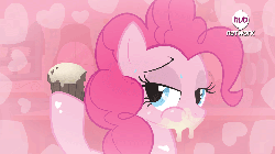Size: 960x540 | Tagged: dead source, safe, artist:surgicalarts, edit, pinkie pie, earth pony, pony, g4, simple ways, animated, applejuice meme, beautiful, bedroom eyes, bronybait, creamy creamy frosting, cupcake, eating, fake screencap, female, gulp, heart, hub logo, hub network, i can't believe it's not hasbro studios, kitchen, looking at you, messy eating, sassy, sexy, show accurate, smiling, solo, stupid sexy pinkie, swallowing, sweat, the hub, wiping