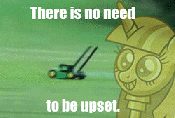 Size: 325x220 | Tagged: safe, g4, princess twilight sparkle (episode), animated, flying lawn mower, image macro, jimmies, lawn mower, meme, reaction image, there is no need to be upset, twilight scepter