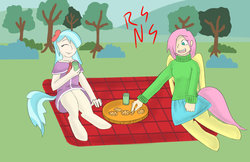 Size: 1024x663 | Tagged: safe, artist:nitro-san, oc, oc only, oc:cici, oc:ivy, satyr, clothes, cookie, duo, female, ivy leaf, offspring, parent:coco pommel, parent:fluttershy, picnic, sweater