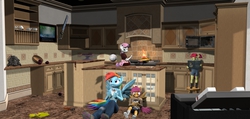 Size: 3846x1824 | Tagged: safe, artist:tahublade7, apple bloom, rainbow dash, scootaloo, sweetie belle, earth pony, anthro, plantigrade anthro, g4, 3d, clothes, cookie, cooking, daz studio, fire, ice cream, kitchen, lethal chef, mustard, sundae, sweetie fail, sword