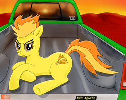 Size: 1280x1024 | Tagged: safe, artist:burstfire, spitfire, pegasus, pony, g4, female, lidded eyes, looking at you, mare, prone, solo, sunset, truck