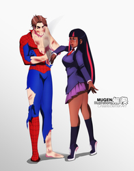 Size: 1200x1527 | Tagged: safe, artist:mugenillustrations, twilight sparkle, human, g4, blood, breasts, bruised, busty twilight sparkle, clothes, crossover, crossover shipping, crying, cut, dark skin, female, frown, humanized, injured, light skin, male, peter parker, shipping, skirt, slap, spider-man, spiders and magic: rise of spider-mane, spidertwi, standing, straight, torn clothes, wink