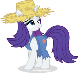Size: 3572x3374 | Tagged: safe, artist:vector-brony, rarity, pony, unicorn, g4, simple ways, alternate hairstyle, derp, female, hat, high res, overalls, rarihick, signature, simple background, smiling, solo, straw hat, tail, tail hole, transparent background, vector