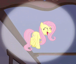 Size: 500x426 | Tagged: safe, screencap, fluttershy, pegasus, pony, filli vanilli, g4, season 4, air dancing, animated, dancing, eyes closed, female, flutterguy, flying, loop, mare, singing, smiling, smooth criminal, solo, spotlight