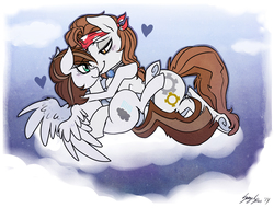 Size: 1200x912 | Tagged: safe, artist:serge-stiles, oc, oc only, oc:spring showers, earth pony, pegasus, pony, bandana, cloud, cloudy, cuddling, female, fixit, looking at each other, male, mare, oc x oc, shipping, smiling, snuggling, stallion, straight, underhoof