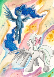 Size: 1624x2313 | Tagged: safe, artist:souleatersaku90, flitter, princess luna, g4, butt, commission, fanfic, fanfic art, featureless crotch, plot, the simple life, traditional art, watercolor painting