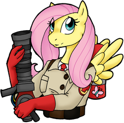 Size: 804x800 | Tagged: safe, artist:tierafoxglove, fluttershy, anthro, g4, clothes, crossover, female, fluttermedic, medic, medic (tf2), solo, team fortress 2