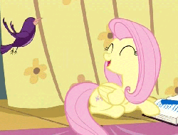 Size: 564x429 | Tagged: safe, screencap, fluttershy, bird, pegasus, pony, songbird, filli vanilli, g4, season 4, animated, book, cute, diary, eyes closed, female, friendship journal, loop, mare, open mouth, prone, shyabetes, singing, smiling, solo