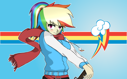 Size: 4000x2500 | Tagged: safe, artist:misterbrony, rainbow dash, human, g4, clothes, cutie mark, female, humanized, light skin, scarf, solo, wallpaper