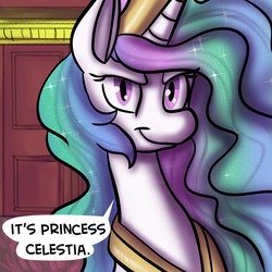 Size: 1280x1280 | Tagged: safe, artist:fauxsquared, princess celestia, tumblr:it's always sunny in canterlot, g4, ask, determined, don't call me sunbutt, female, glare, looking at you, reaction, smiling, smirk, solo, sunbutt, tumblr