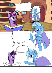 Size: 800x1124 | Tagged: safe, artist:twilite-sparkleplz, trixie, twilight sparkle, pony, g4, bipedal, book, cape, clothes, exploitable, glare, open mouth, pointing, smiling, speech bubble, standing