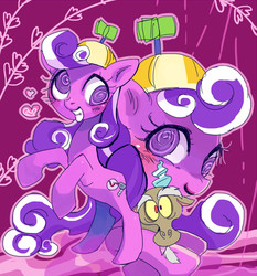 Size: 532x570 | Tagged: safe, artist:pasikon, discord, screwball, draconequus, earth pony, pony, g4, female, filly, hat, male, pixiv, propeller hat, rearing, silly filly