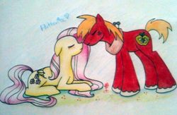 Size: 612x400 | Tagged: artist needed, safe, big macintosh, fluttershy, earth pony, pony, g4, male, ship:fluttermac, shipping, stallion, straight, traditional art