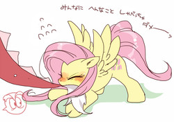 Size: 577x407 | Tagged: dead source, safe, artist:pasikon, discord, fluttershy, pegasus, pony, g4, biting, blushing, cute, dialogue, emoticon, eyes closed, female, japanese, male, mare, mouth hold, nom, pixiv, ship:discoshy, shipping, shyabetes, simple background, straight, tail bite, tail pull, white background