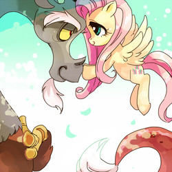 Size: 500x500 | Tagged: source needed, useless source url, safe, artist:pasikon, discord, fluttershy, draconequus, pegasus, pony, g4, female, flying, looking at each other, male, mare, pixiv, ship:discoshy, shipping, smiling, straight