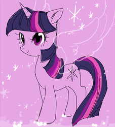 Size: 495x546 | Tagged: safe, artist:pasikon, twilight sparkle, pony, g4, female, looking at you, mare, pixiv, purple background, simple background, smiling, solo, transparent wings