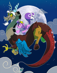 Size: 618x792 | Tagged: safe, artist:pasikon, discord, screwball, g4, cloud, cloudy, daddy discord, flying, hat, moon, night, pixiv, propeller hat, riding, screwball riding discord, swirly eyes