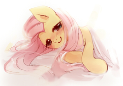 Size: 629x441 | Tagged: safe, artist:pasikon, fluttershy, pony, g4, beautiful, bed, bed mane, bedroom eyes, blushing, female, looking at you, mare, on side, pixiv, smiling, solo