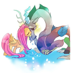 Size: 528x540 | Tagged: safe, artist:pasikon, discord, fluttershy, g4, comforting, crying, cute, discute, eyes closed, female, male, nuzzling, pixiv, raised hoof, ship:discoshy, shyabetes, smiling, standing, straight