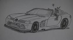 Size: 1936x1074 | Tagged: safe, artist:ricky47, princess luna, car, eyes closed, female, get, grayscale, heart, index get, leaning, lunar expressway, mercedes-benz, mercedes-benz slr mclaren, monochrome, palindrome get, repdigit milestone, smiling, solo, speech bubble, traditional art
