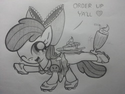 Size: 2048x1536 | Tagged: safe, artist:lockerobster, apple bloom, g4, adorabloom, cute, female, milkshake, monochrome, pie, roller skates, solo, traditional art, waitress, wink