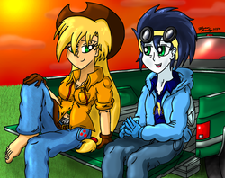 Size: 2148x1700 | Tagged: safe, artist:meganekkoplymouth241, applejack, soarin', human, g4, barefoot, car, duo, feet, female, hat, humanized, male, pony coloring, ship:soarinjack, straight, truck