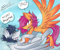 Size: 3527x2921 | Tagged: safe, artist:scootaloocuteness, rumble, scootaloo, g4, cute, duo, eye contact, female, male, messy mane, older, on back, ship:rumbloo, shipping, spread wings, straight