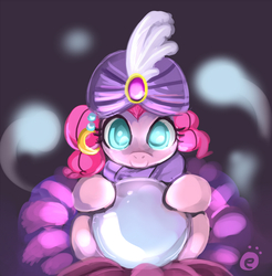 Size: 850x863 | Tagged: safe, artist:ende26, pinkie pie, earth pony, pony, g4, 30 minute art challenge, colored pupils, crystal ball, cute, female, gypsy pie, madame pinkie, mystical orb of fate's destiny, romani, solo, turban