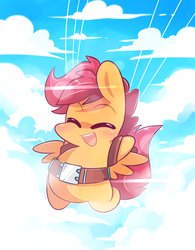 Size: 1000x1280 | Tagged: safe, artist:php56, scootaloo, pegasus, pony, g4, chibi, cloud, cloudy, female, filly, parachute, solo