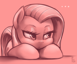 Size: 750x625 | Tagged: safe, artist:phurie, pinkie pie, earth pony, pony, g4, ..., cute, cuteamena, female, leaning, mare, monochrome, pink background, pinkamena diane pie, signature, simple background, solo
