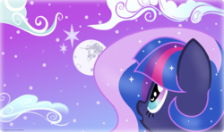 Size: 1024x607 | Tagged: safe, artist:nightmarelunafan, oc, oc only, oc:princess sparkling night, ethereal mane, magical lesbian spawn, mare in the moon, moon, night, offspring, parent:princess luna, parent:twilight sparkle, parents:twiluna, solo, wingding eyes