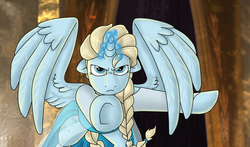 Size: 1452x854 | Tagged: safe, artist:namyg, alicorn, pony, elsa, frozen (movie), hooves, magic, ponified, solo, underhoof