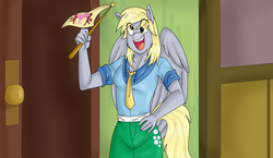Size: 1957x1136 | Tagged: safe, artist:namyg, derpy hooves, anthro, g4, rainbow falls, clothes, derpy's flag, equestria girls outfit, female, scene interpretation, solo