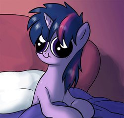 Size: 640x610 | Tagged: safe, artist:johnjoseco, edit, twilight sparkle, g4, :t, bed, bed mane, cute, derp, female, hey you, smiling, solo