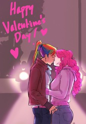 Size: 710x1024 | Tagged: safe, artist:demdoodles, pinkie pie, rainbow dash, human, g4, clothes, female, humanized, kiss on the lips, kissing, lesbian, light skin, moderate dark skin, ship:pinkiedash, shipping