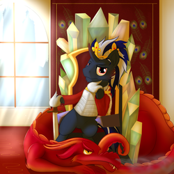 Size: 3005x3000 | Tagged: safe, artist:kaczy, oc, oc only, dragon, pony, unicorn, breastplate, castle, crown, crystal, king, sword, throne, throne slouch