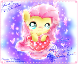Size: 1426x1184 | Tagged: safe, artist:chichicherry123, fluttershy, butterfly, g4, :3, blushing, cute, female, heart, heart eyes, pillow, shyabetes, solo, sparkles, valentine, wingding eyes