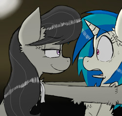 Size: 950x900 | Tagged: safe, artist:ichibangravity, dj pon-3, octavia melody, vinyl scratch, earth pony, pony, unicorn, g4, bedroom eyes, chest fluff, duo, female, kabedon, lesbian, looking at each other, mare, open mouth, ship:scratchtavia, shipping, smiling, smug, sweat