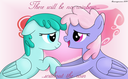 Size: 2057x1276 | Tagged: safe, artist:bluemeganium, rainbowshine, spring melody, sprinkle medley, pegasus, pony, g4, chatting, cute, dialogue, duo, eye contact, female, floppy ears, heart, holding hooves, lesbian, love, open mouth, rainbowdorable, shipping, smiling, sprinklebetes, sprinkleshine, talking