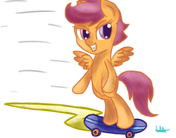 Size: 1836x1440 | Tagged: safe, artist:wolfy-pony, scootaloo, g4, bipedal, female, filly, foal, simple background, skateboard, smugaloo, solo