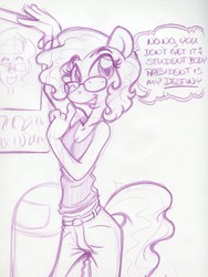 Size: 824x1094 | Tagged: safe, artist:trollie trollenberg, mayor mare, earth pony, anthro, g4, female, monochrome, solo, traditional art, younger